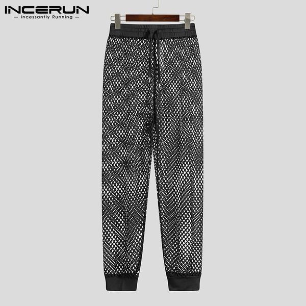 

pants incerun men breatable net pantalons grid seethrough elastic waist pants male american style drawstring trousers s5xl 2022, Black