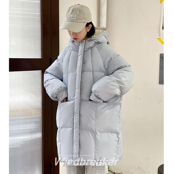 

leather women's blue down jacket hooded medium and long cotton clothes winter korean fashion leisure warm thicken windproof coat, Black