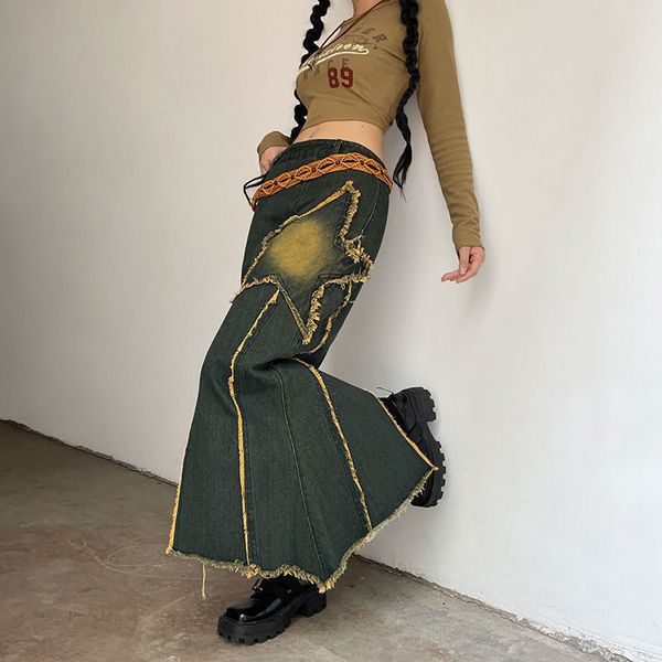 

skirts deeptown vintage y2k denim long women high waist split slim patchwork distressed mermaid jean midi streetwear girl 230420, Black