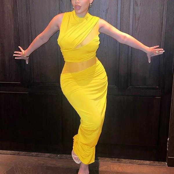 

bright yellow dress mesh stitching pleated sleeveless round neck tight high, Black;gray