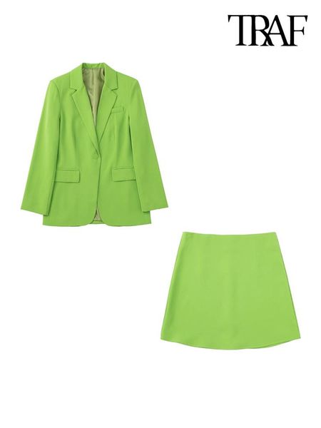 

pants traf women fashion front button straight blazer coat and high waist a line mini skirt female two piece sets mujer, White