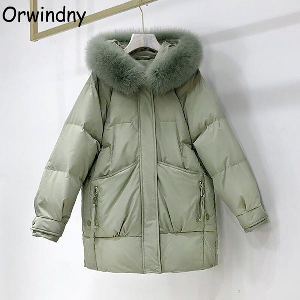 

leather orwindny winter coat women hooded large fur collar thick warm parkas fashion cotton padded jacket female snow wear clothing, Black