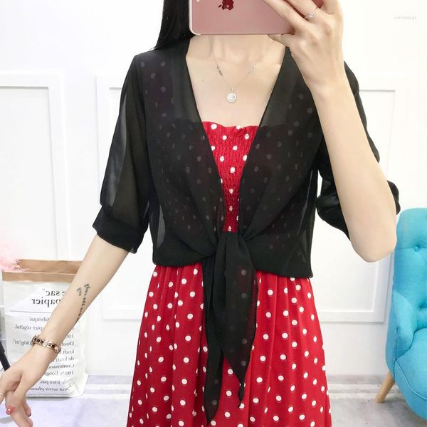 

women's jackets red black white chiffon coat women summer sunscreen jacket female half sleeved thin kimono cardigan ladies, Black;brown