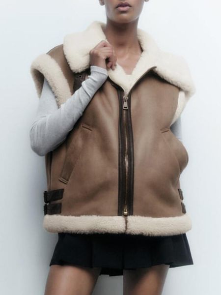 

vests traf 2022 new winter women thick warm fleece jacket fashion splice sleeveless waistcoat coat ladies biker vest outwear, Black;white