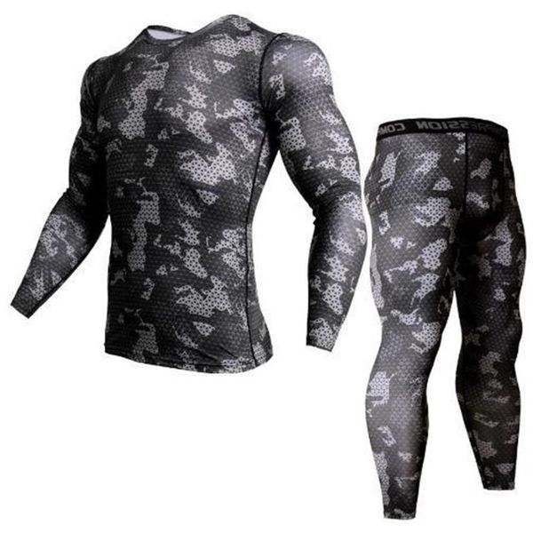 

2 piece tracksuit men compression mma long sleeve t shirt rashgard kit camouflage sweatshirt leggings fitness thermal underwear y2307m, Black;white