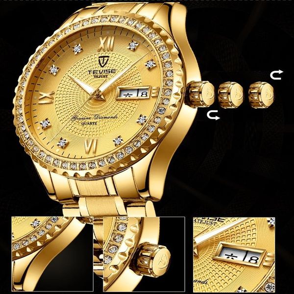 

2021 tevise luxury golden men quartz watch stainless steel date waterproof wristwatch male fashion business clock2726, Slivery;brown