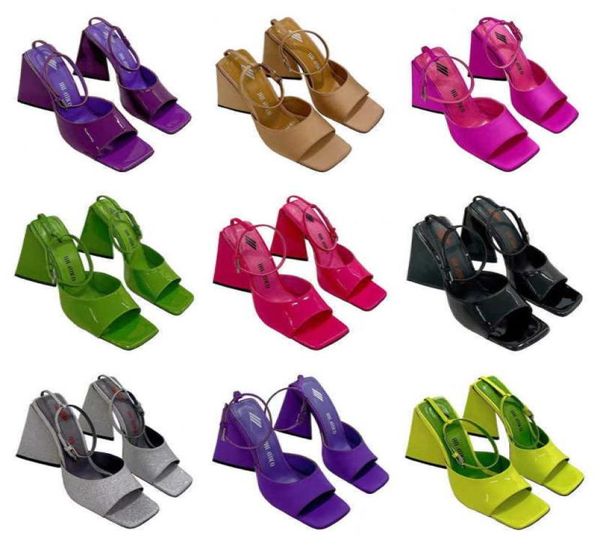 

the attico patent calfskin thick women heel sandals satin foot ring banquet women shoe rose red triangle square toe sliding slippe1433103, Black