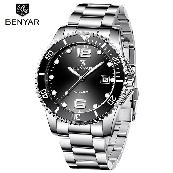 

2019 benyar brand men mechanical watch automatic fashion luxury stainless steel male clock211d, Slivery;brown
