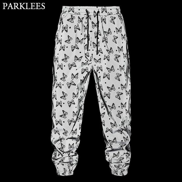 

pants hip hop butterfly print reflective jogger sweapants men night sporting dance fluorescent trousers mens festival rave streetwear, Black