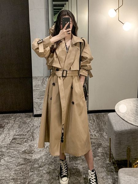 

women's trench coats 2023 winter jacket coat for women clothe solid color lapels double row buttons long windbreaker ladies work 23042, Tan;black