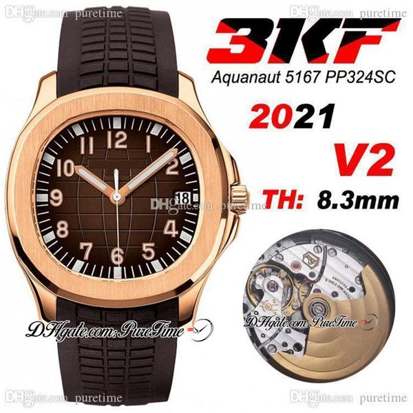 

2021 3kf v2 5167r a324sc automatic mens watch rose gold brown texture dial edition brown rubber puretime swiss movement ptpp 238n, Slivery;brown