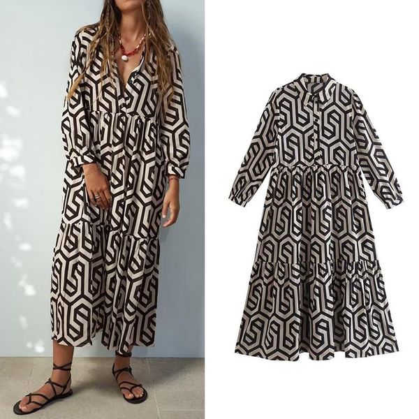 

dresses autumn 2022 women print midi dress long sleeve turndown collar female casual dress vestidos xx8701, Black;gray