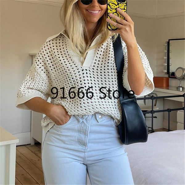 

t-shirt polo collar a hollow short sleeved short sleeved shirt loose casual solid color 2022 spring and summer t shirt women, White