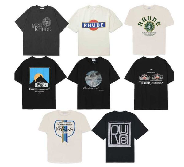 

t-shirts rhude summer flag letter print sunset racing high street men's loose round neck couple t-shirt hs, White;black