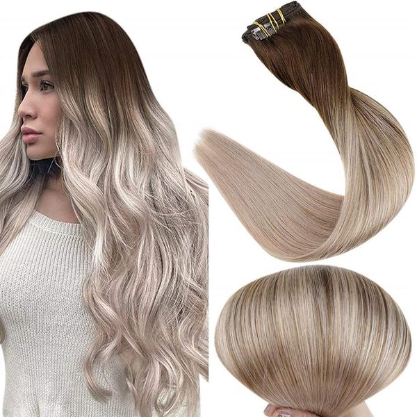 

10a grade balayage clip in hair extensions dark borwn fading to ash blonde ombre clip in human hair extension 120g 8pcs243e, Black;brown