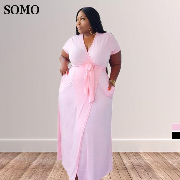 

dresses long dresses women's v collar solid color pocket cardigan bandage stretch loose plus size dress 5xl wholesale dropshipping, Black