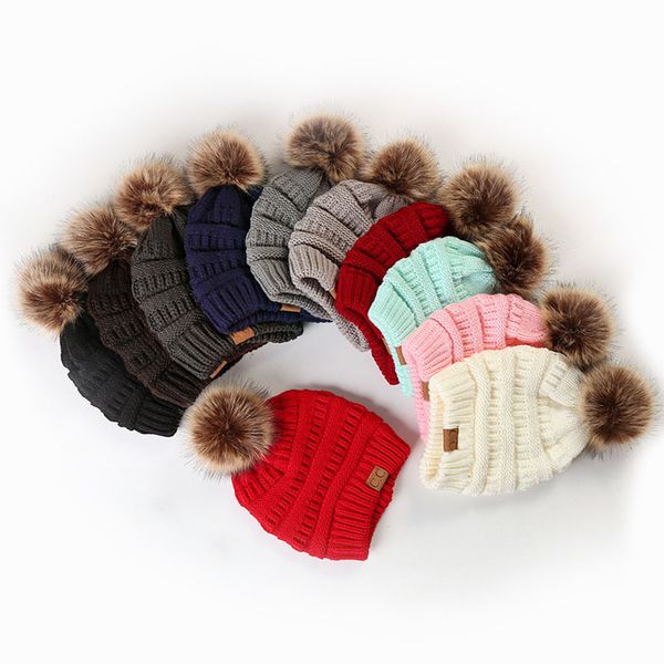 

Large Ball Winter Wool Warm Women Knitted CC Hat Fur Pom Poms Crochet Beanie Ski Cap Bobble Fleece Cable Slouchy Skull Hat Caps Wholesale Price 12 Colors, Red