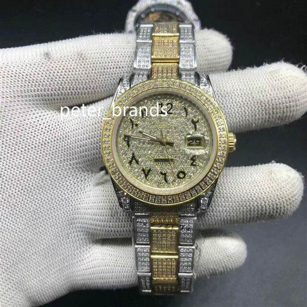 

full diamond arabic numeral dial watch 37mm luxury iced out watch automatic men silver gold two tone waterproof stainless diamond 240d, Slivery;brown