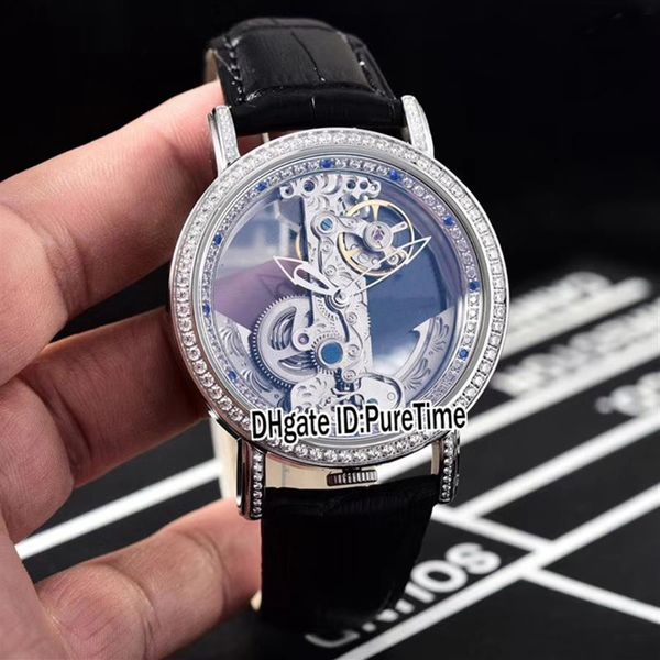 

new golden bridge 42mm steel case diamond bezel inner skeleton dial automatic tourbillon mens watch sports watches black leather c211i, Slivery;brown