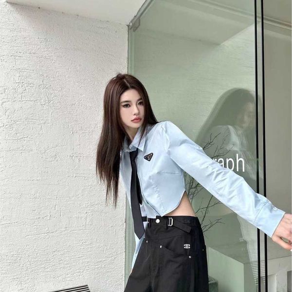 

36% off family triangle academy style short solid long sleeve shirt women's slim fit design temperament tie top, White
