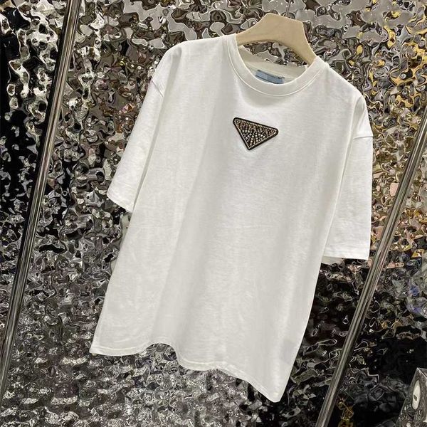 

32% off chaopai family early spring new product heavy industry rhinestone triangle round neck versatile short sleeve t-shirt overlay top, White