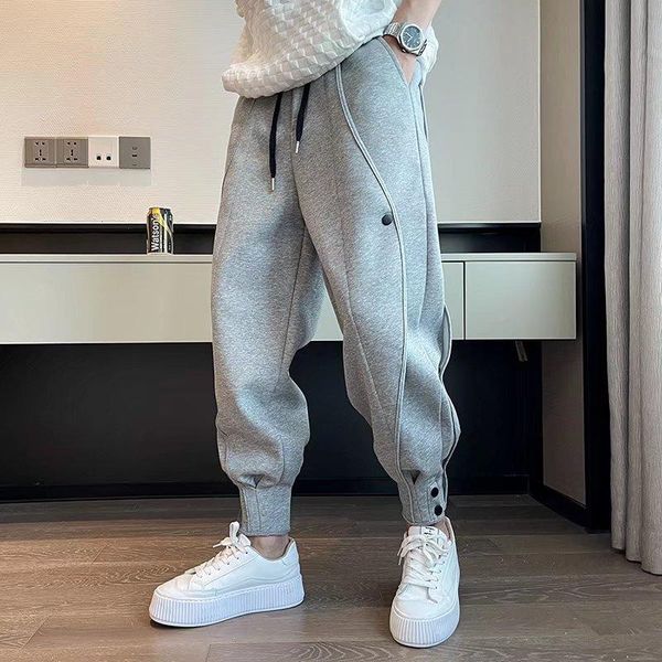

pants 2022 brand men's casual sports pants fashion bind feet button outdoors men elastic zipper bunched foot trousers, Black