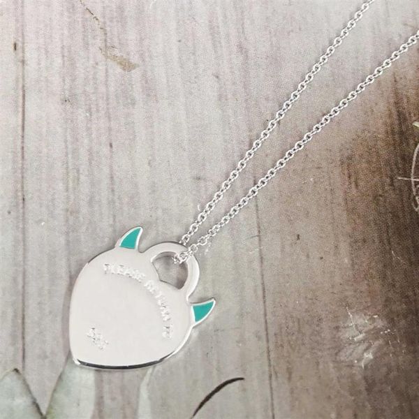 

heartshaped ms s925 pure silver classic pink enamel devil horns silver necklace pendant cyan blue glue heartshaped necklace h09194311s