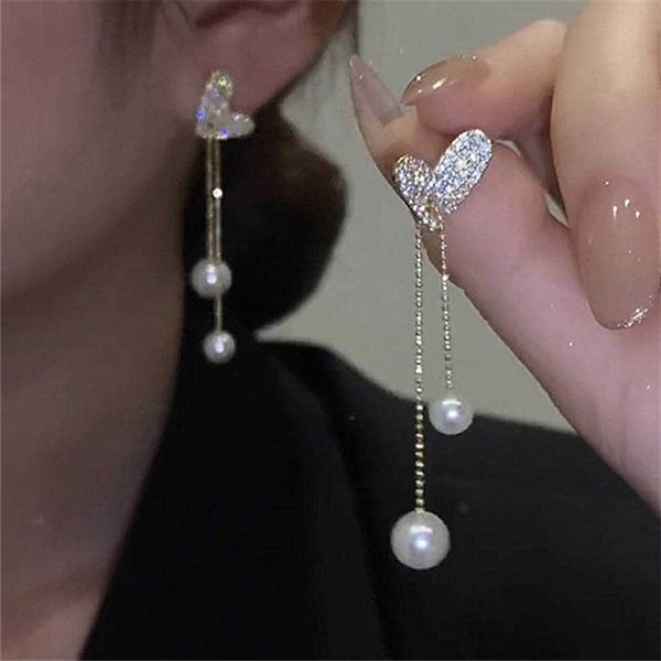 

charm 2022 new peach heart pullable earrings long tassel pearl adjustable earrings inlaid zircon heart-shaped earrings party jewelry aa23042, Golden