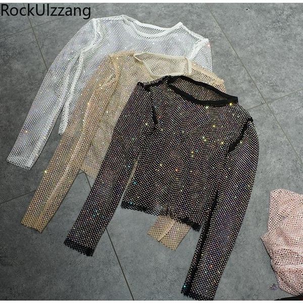 

t-shirt bling crystal rhinestone diamond fish net slim tshirt t shirt aesthetic women cloth fall summer goth club y2k high street, White