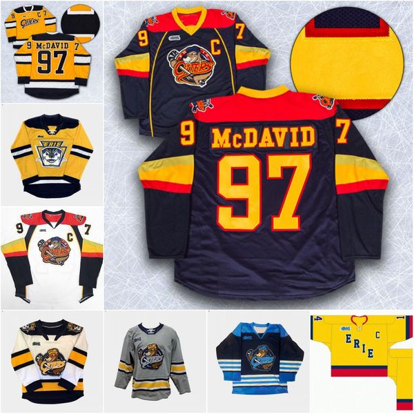 

men ohl erie otters hockey jersey connor mcdavid alex debrincat taylor raddysh dylan strome travis dermott custom any name and number jersey, Black;red