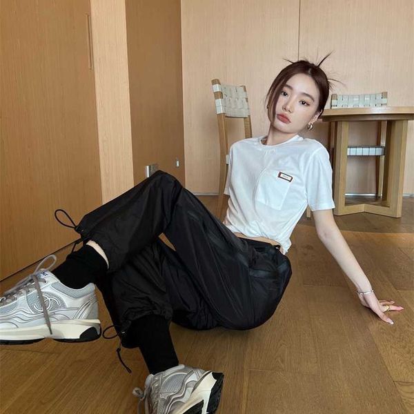 

26% off clothing designer quality family spring/summer new trendy and fashionable nylon fabric waist straight tube slim wide leg casual pant, Black;white