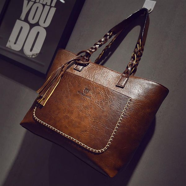 

retro brown large capacity tote bag women's leather handbag woven handle personalized shoulder bag281x, Red;black