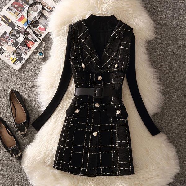 

vests women dress sleeveless fashion chic korea style stripes winter spring 2021 short dress belt sashes elegant short vest dresses, Black;white