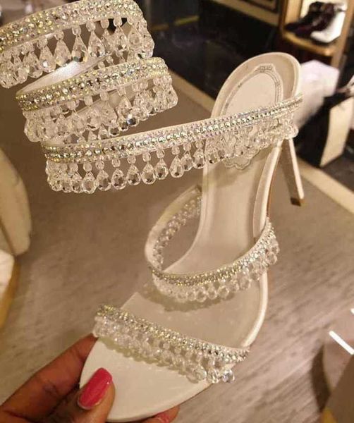 

r caovilla wedding dress sandal women high heels shoes romantic lady chandelier nude stiletto sandals jewelry sandalies ankle strap with box, Black
