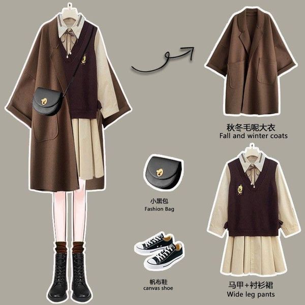 

dress oversize women's spring autumn suit temperament retro woolen jacket vest shirt dress threepiece suits elegant high street, White