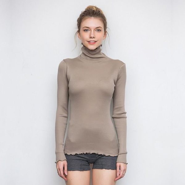 

t-shirt 70% silk 30% cotton stretch knitted high neck long sleeve pullover rib sweater base shirt xs311, White