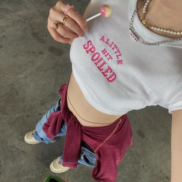 

women s t shirt y2k crop aesthetic cute pink letter embroidery baby tees 2000s vintage ribbed o neck harajuku short sleeve 230422, White