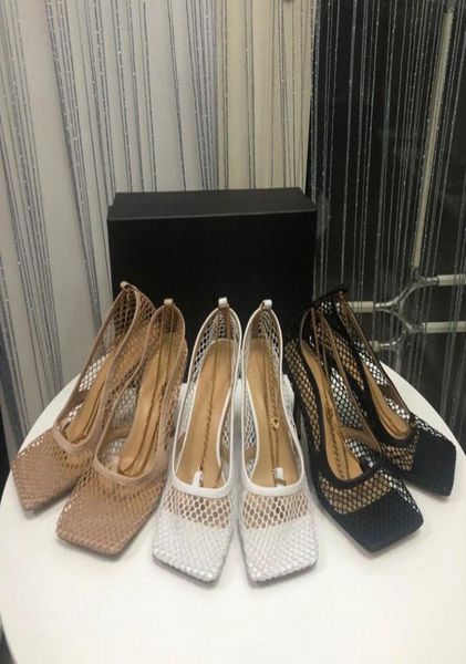 

luxury designer high heels square toe dress shoes mesh and berry calfstretch pumps women chain sandal schuhe fashion stretch 4702401, Black