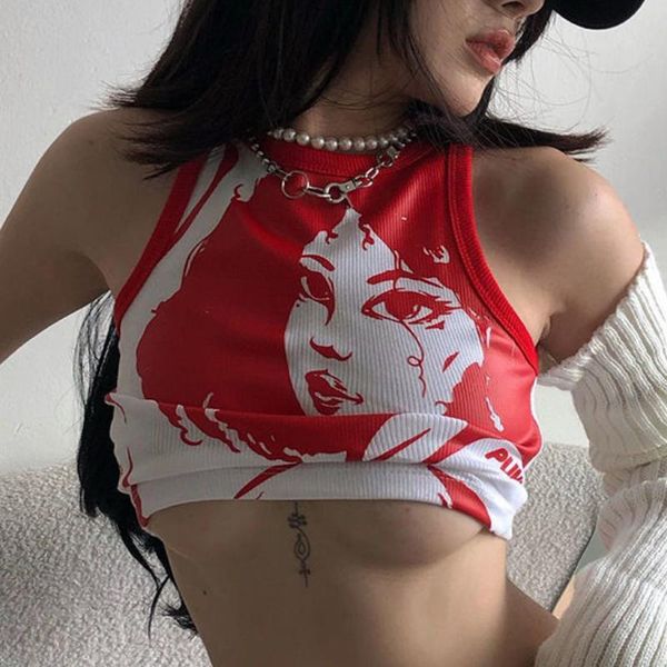 

tanks houzhou y2k grunge print tank women harajuku fashion graphic crop streetwear punk slim sleeveless cropped tshirts, Black;white