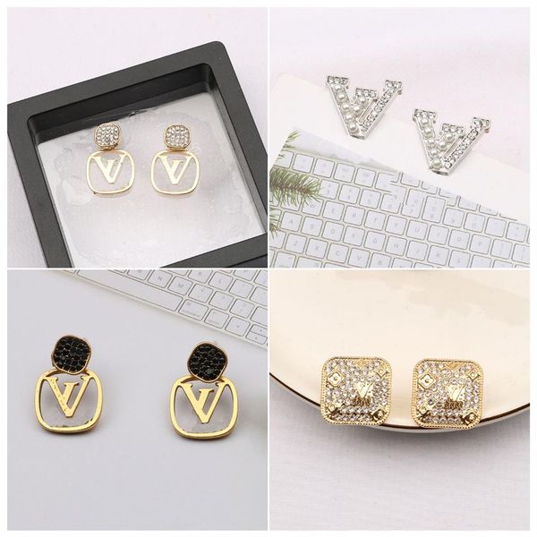 

luxury women 18k gold plated designer ear stud earrings brand designers geometry letters crystal rhinestone earring wedding party 248a, Golden;silver