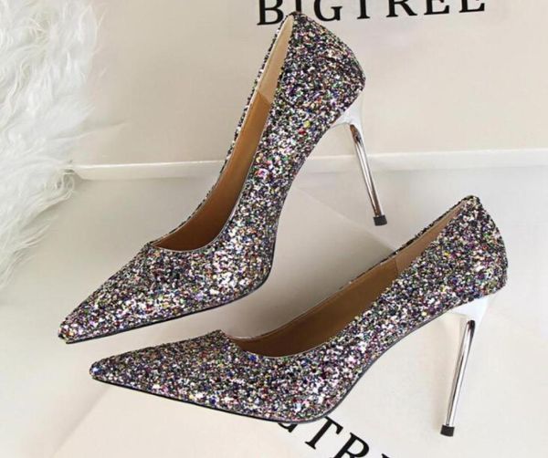 

new spring women pumps europe fashion highheeled shoes shining glitter sequins thin pointed high heels wedding shoe3016293, Black