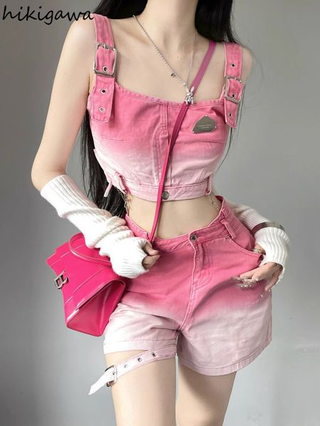 

women's tracksuits two piece set clothing chic gradient denim suit tunic vest crop casual shorts outfits summer korean y2k sets 230421, Gray