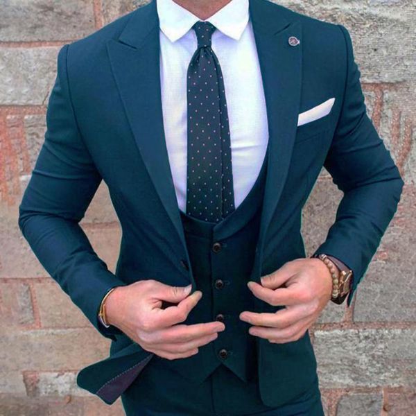 

blazers teal slim fit mens suits for groom wedding peaked lapel tuxedo 3 piece jacket vest pants set formal business blazer masculino, White;black