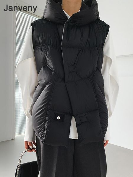 

vests janveny 90% ultra light white duck down women vest hooded winter thicken bread down jacket sleeveless female loose gilet outwear, Black;white
