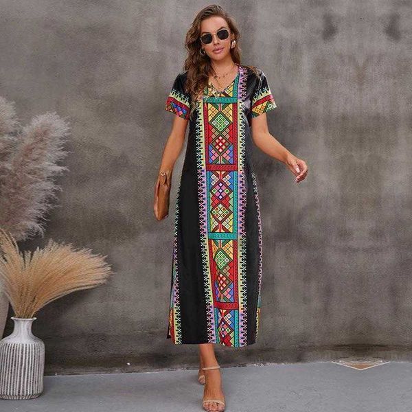

summer womens short sleeved positioning printed dress split long skirt, Black;gray