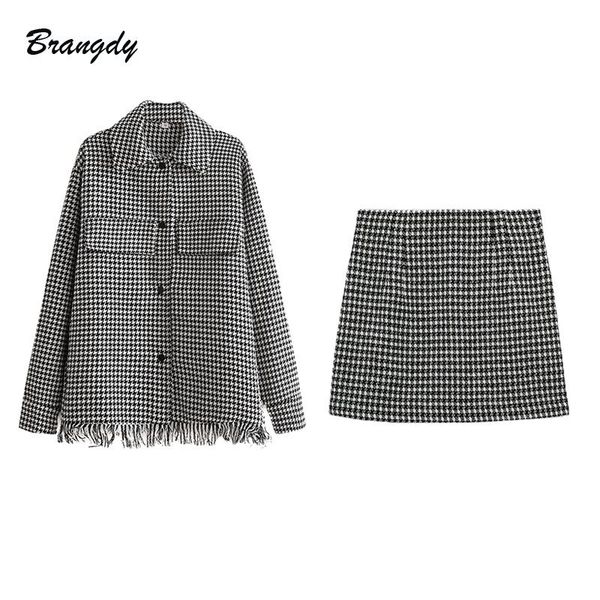 

dress women's jackets suits vintage two piece coats ladies outfit plaid woman coats with pockets tassel loose houndstooth outcoats, White
