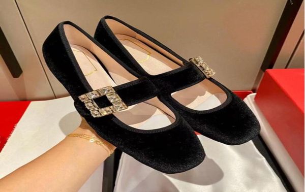 

2022 spring and autumn new womens formal shoes square diamond buckle leather suede round head mary jane ballet flat bottom 386998, Black