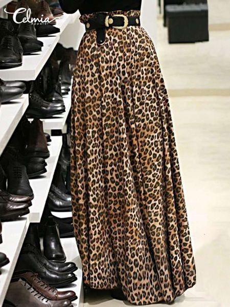 

skirts women's long skirt elegant high waist skirts leopard print maxi skirts celmia fashion elastic pleated skirt casual buttoms 23042, Black