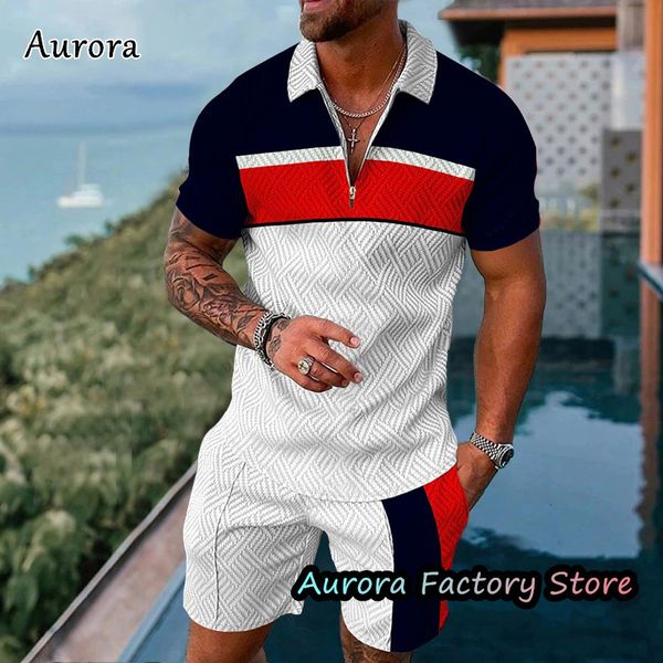 

men s tracksuits men summer polo shirt set 2 pieces hawaii tracksuit casual business suit fashion trun down collar zipper clothing vintage o, Gray