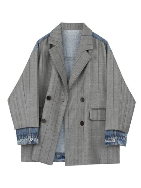 

pants ieqj fashion woman blazer 2022 plaid denim patchwork design french loose long sleeve color block suit jacket autumn new 3w7111, White